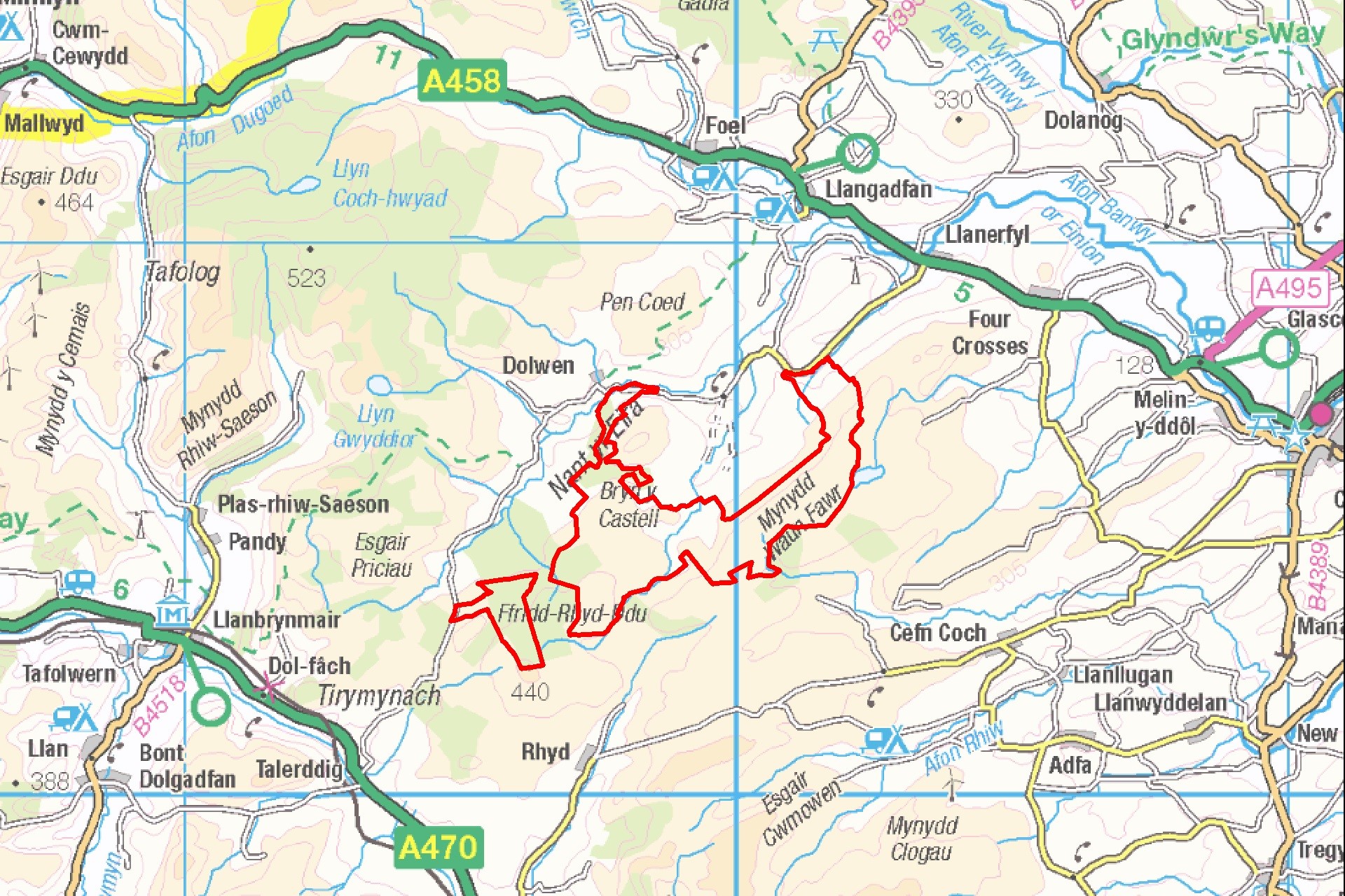 Mynydd Lluest y Graig Outline Map