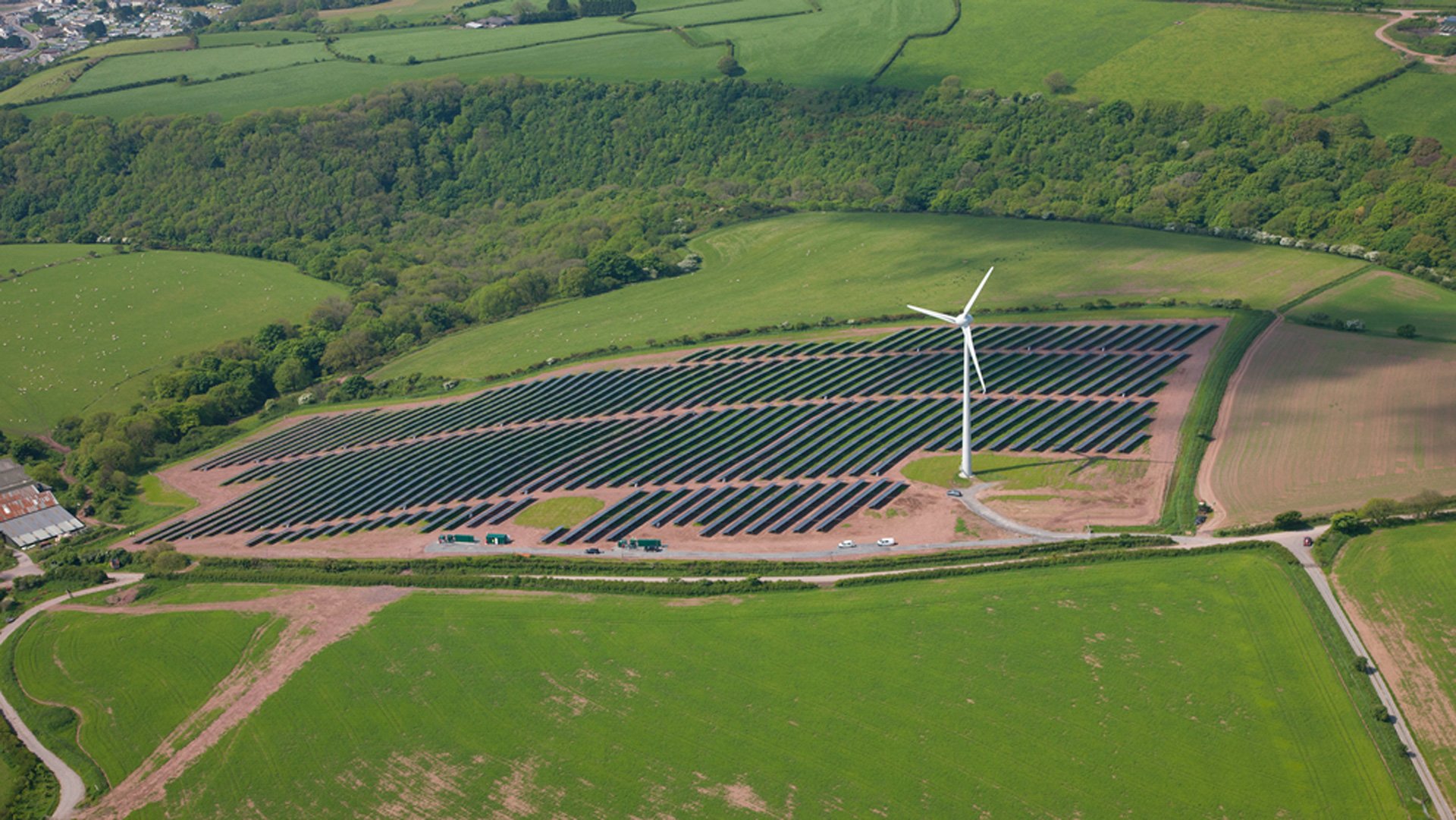 Aerial photo of Parc Cynog combined solar and wind park 