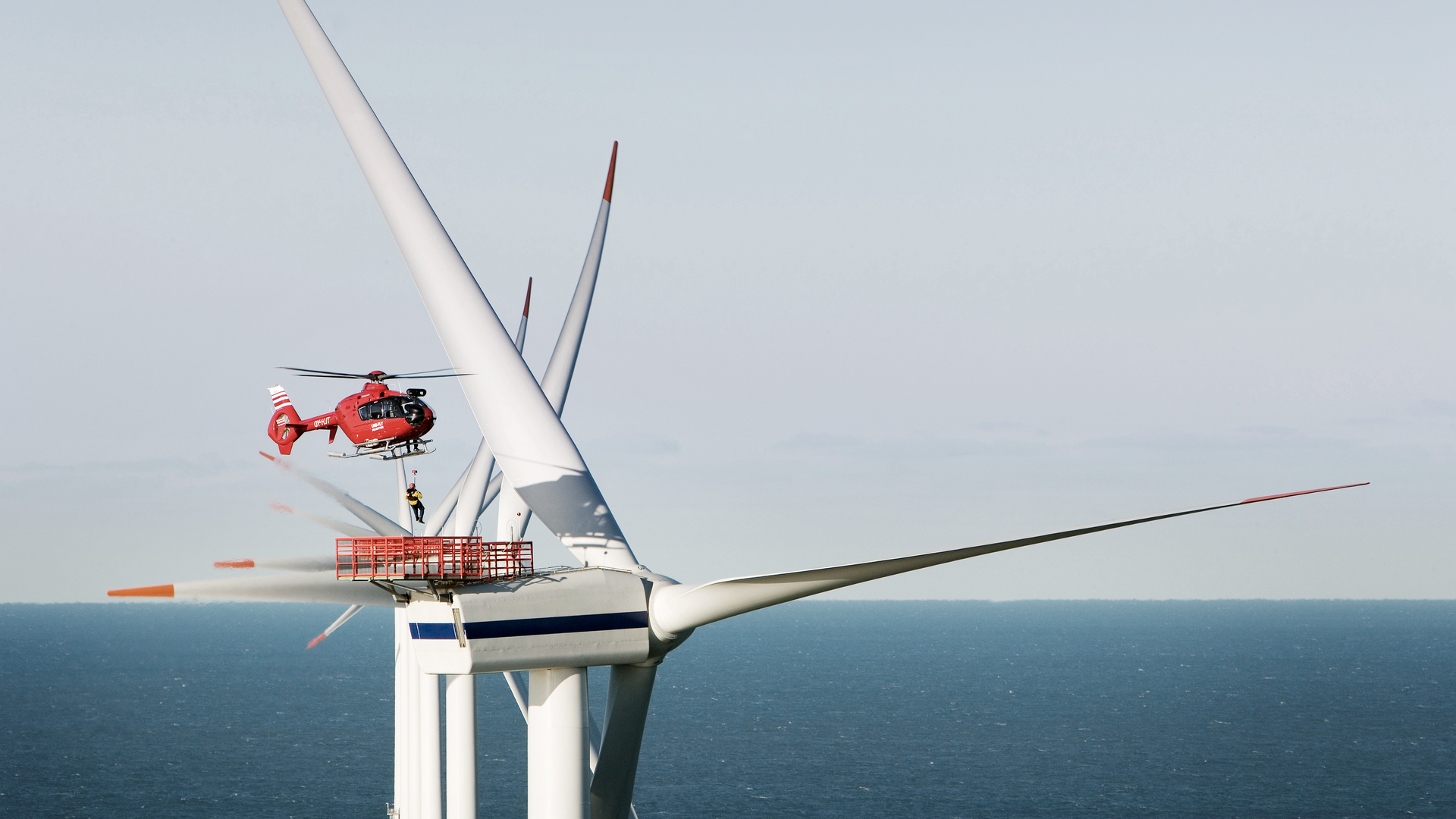 Horns Rev 3 Helicopter Lifting Employee to the top of a turbine