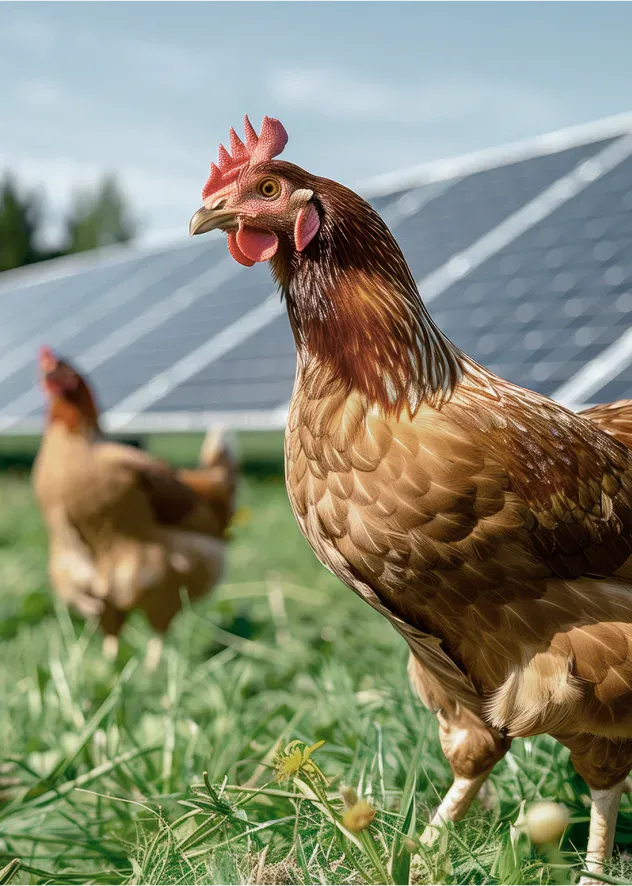 Zwei Hühner im Gras vor einigen Solarpaneelen.