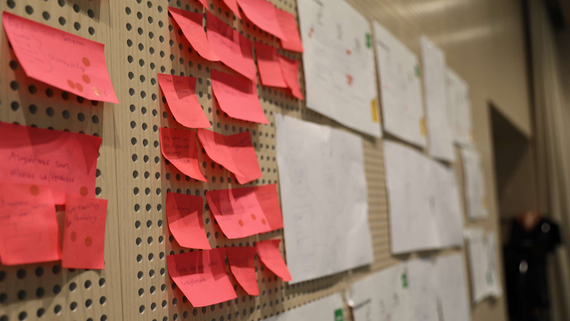 Many ideas in the form of post-it notes on a bulletin board.