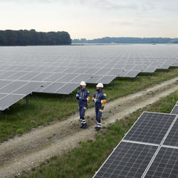 Zwei Mitarbeiter in Schutzkleidung in einem Solarpark.