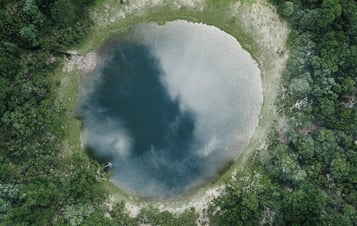 Luftaufnahme eines kreisrunden Weihers mit üppigem Baumbestand