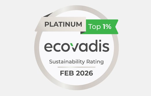 Rundes Abzeichen für die EcoVadis‑Nachhaltigkeitsbewertung in Platin mit grünem ’Top‑1‑%’-Banner, verliehen im Februar 2026.