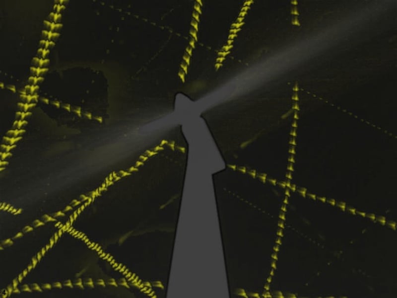 Auf schwarzem Hintergrund ist die Kontur der Windkraftanlage zu erkennen und die mit gelb markierten Fluglinien der Vögel.