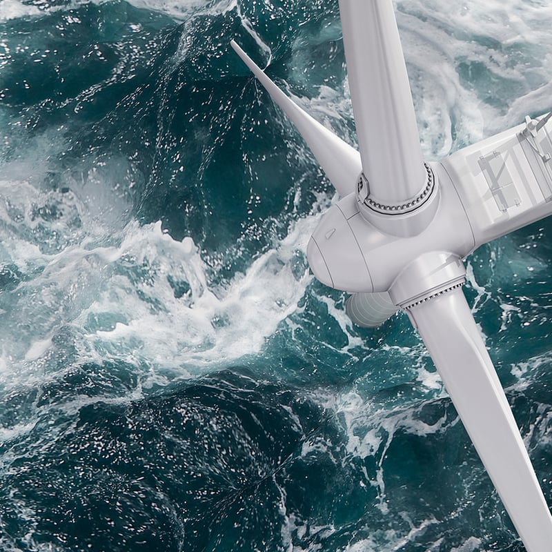 Nahaufnahme einer Windkraftanlage über schäumendem Meerwasser. Nahaufnahme einer Windkraftanlage über schäumendem Meerwasser.