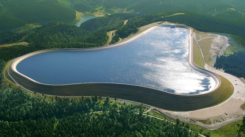 Pumpspeicherkraftwerk Goldisthal im Thüringer Wald - Oberbecken - Luftaufnahme Pumpspeicherkraftwerk Goldisthal im Thüringer Wald - Oberbecken - Luftaufnahme