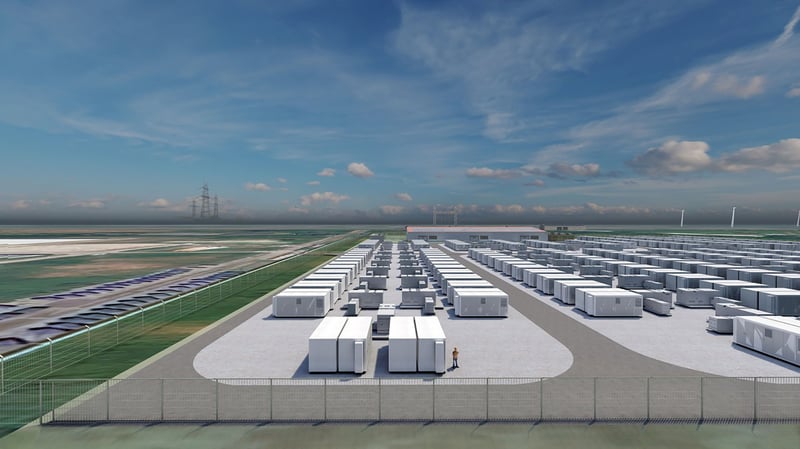 Illustration vom Aufbau der Anlage mit mehreren Reihen von Batterien auf einer großen Fläche Illustration vom Aufbau der Anlage mit mehreren Reihen von Batterien auf einer großen Fläche