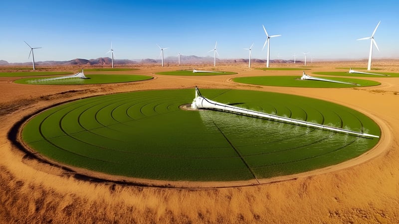 Zirkulierendes Windturbinenblatt bewässert einen runden Bereich einer Ackerfläche