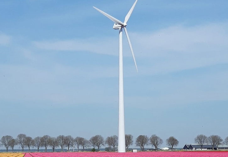 Windkraftanlage auf einem Feld stehend