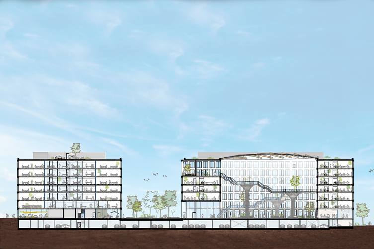 Zukünftiges Vattenfall Bürogebäude Südkreuz  - Querschnittzeichnung