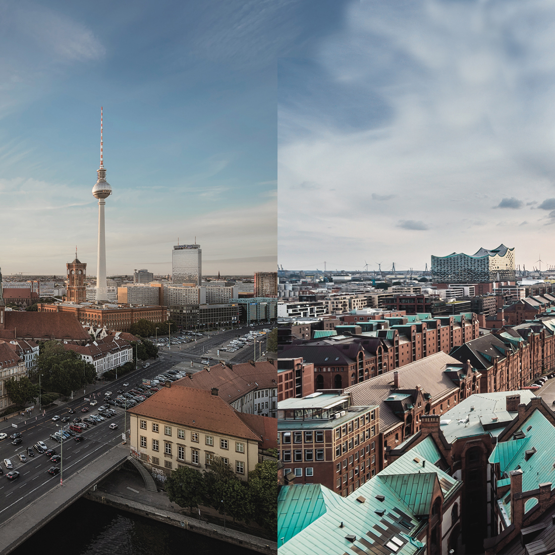 Bildzusammenschnitt - Skyline Hamburg-Berlin