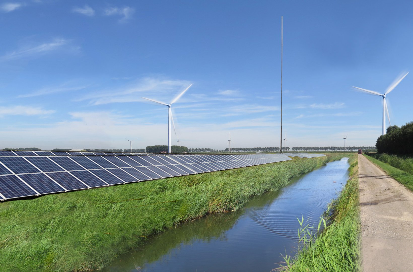 Der bliver opført en 60 MW hybridenergipark, som består af solcellepaneler, vindmøller og batterier, i Haringvliet i Holland