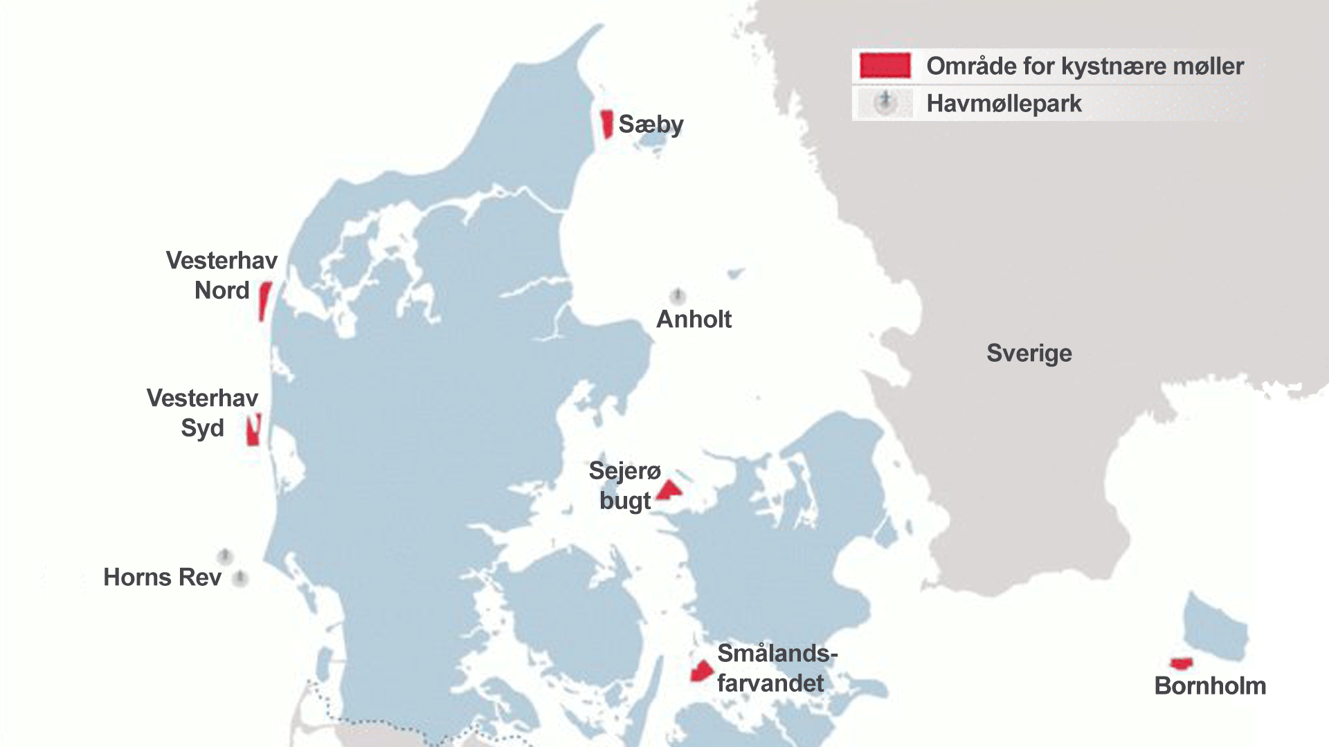 Kort som viser kystnære vindmøller og havmølleparker i Danmark