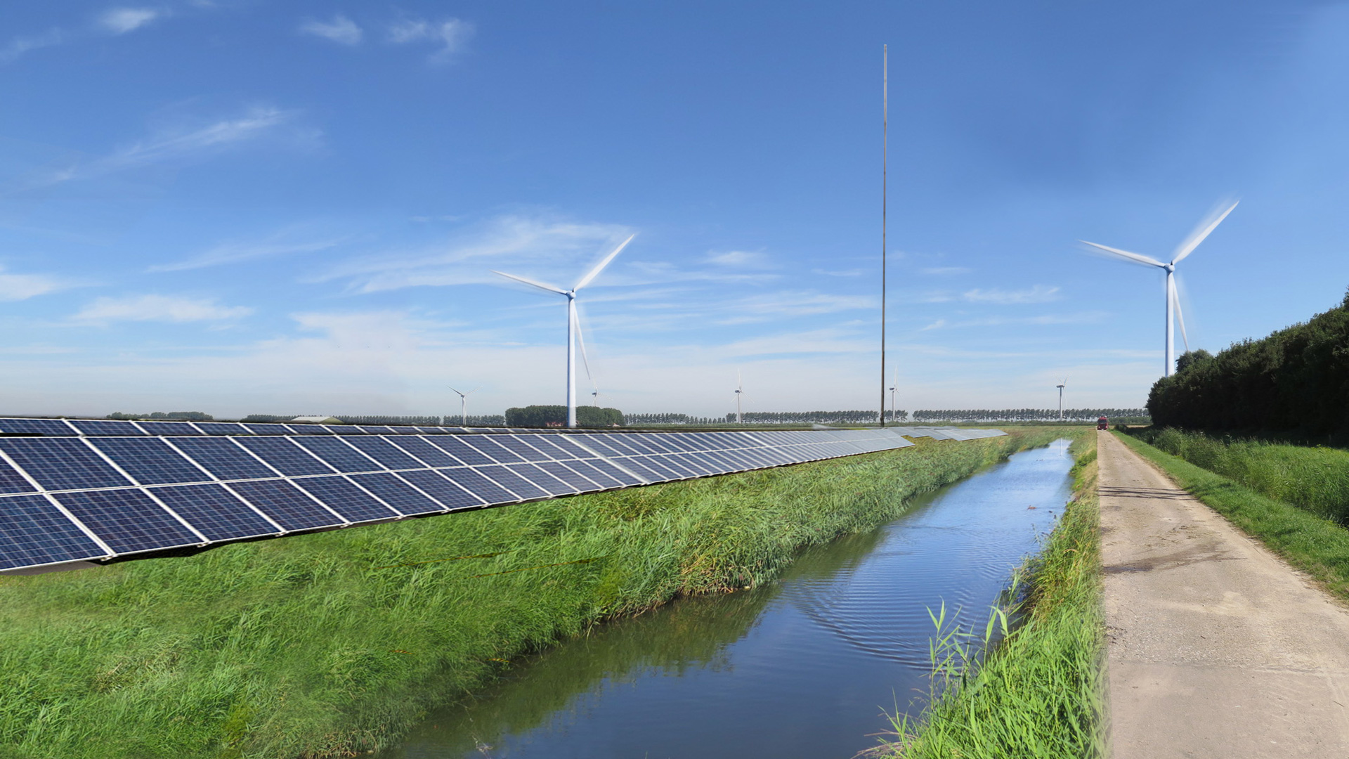 Der bliver opført en 60 MW hybridenergipark, som består af solcellepaneler, vindmøller og batterier, i Haringvliet i Holland