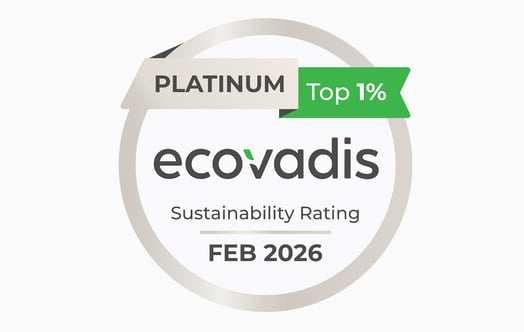 Pyöreä EcoVadis-vastuullisuusluokituksen merkki, jossa näkyy Platinum-taso ja vihreä ‘Top 1%’ -nauha, myönnetty helmikuussa 2026.