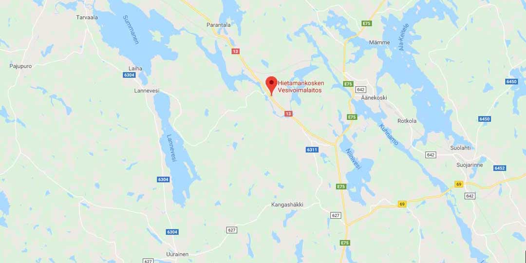 Kartta. Hietamankosken voimalaitos ja suunniteltu kalatie sijaitsee Kiimasjärven ja Naarajärven välisessä Suojoen Hietamankoskessa, noin 7 km Äänekosken kaupungin keskustaajaman länsipuolella.