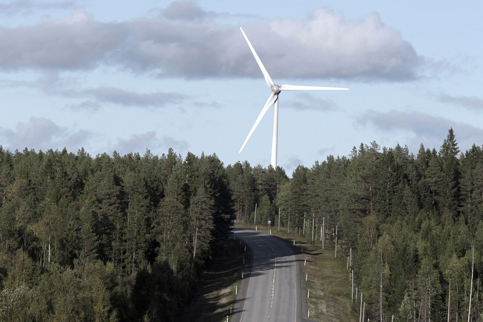 Ett vindkraftverk intill en skogsväg i norra Sverige