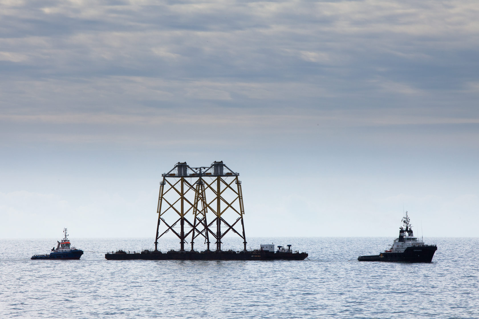 Two ships transporting jacket foundations for an offshore wind farm
