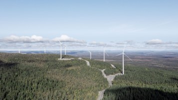 Luftaufnahme vom Onshore Windpark Blakliden Fäbodberget in Nordschweden – die 84 Windenergieanlagen sind von Wald umgeben.
