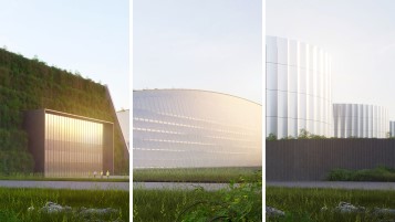 Tre visualiseringar av små modulära reaktorer gjorda av Gottlieb Paludan Architects som förslag till design av SMR:er inom ramen för förstudien för Nucelerate West
