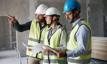 Three employees in a power plant discussing.