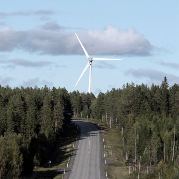 Ett vindkraftverk som höjer sig över skogsväg