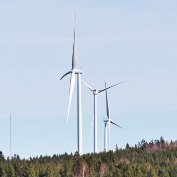 Tre vindkraftverk på en skogshöjd Tre vindkraftverk på en skogshöjd