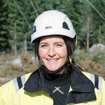 A woman wearing a helmet is standing in a wood. 