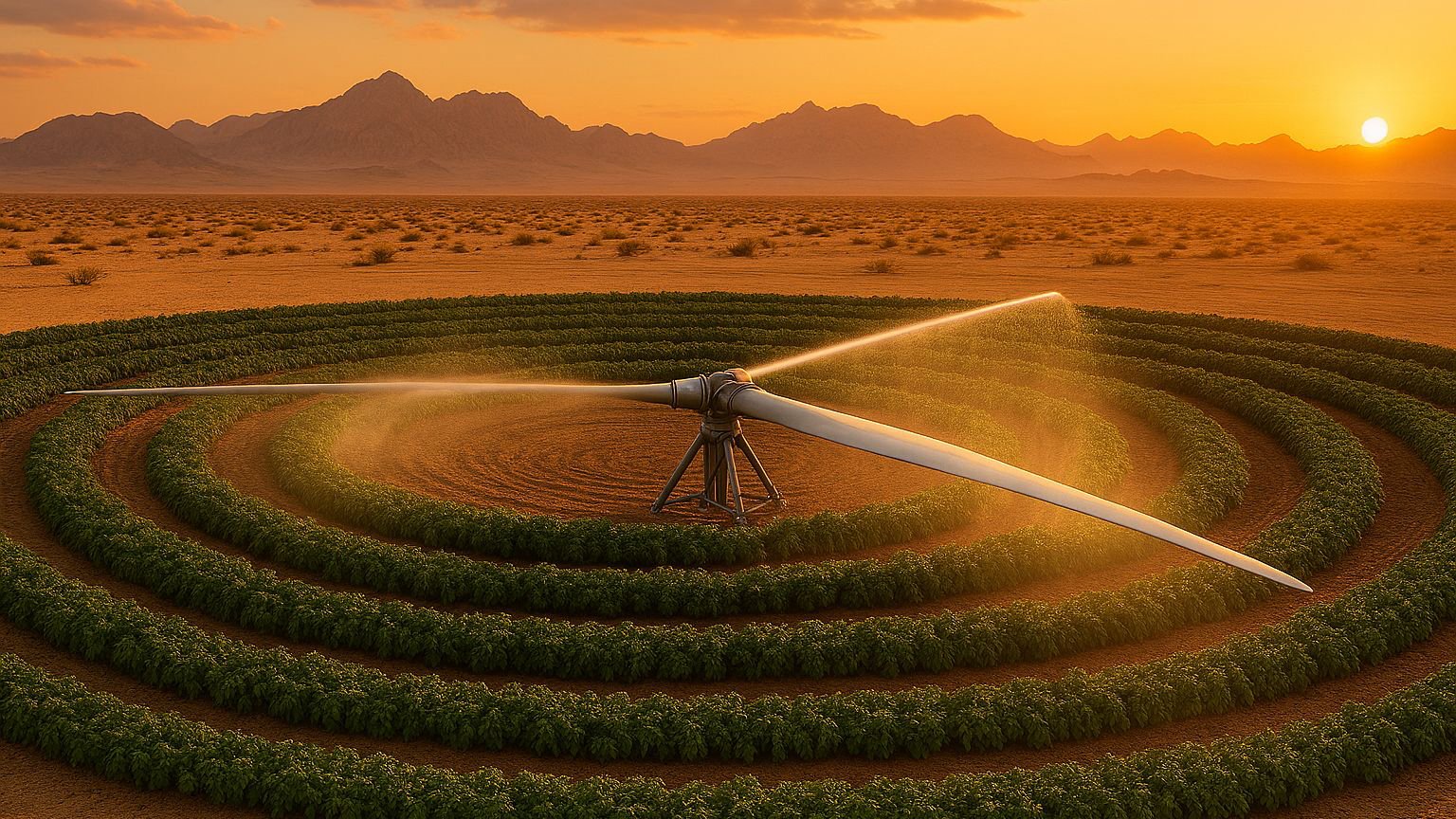 Worden turbinebladen straks hergebruikt als irrigatiesysteem? Impressie gegenereerd met AI Worden turbinebladen straks hergebruikt als irrigatiesysteem? Impressie gegenereerd met AI