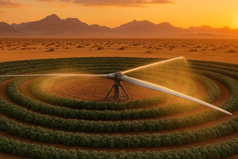 Worden turbinebladen straks hergebruikt als irrigatiesysteem? Impressie gegenereerd met AI