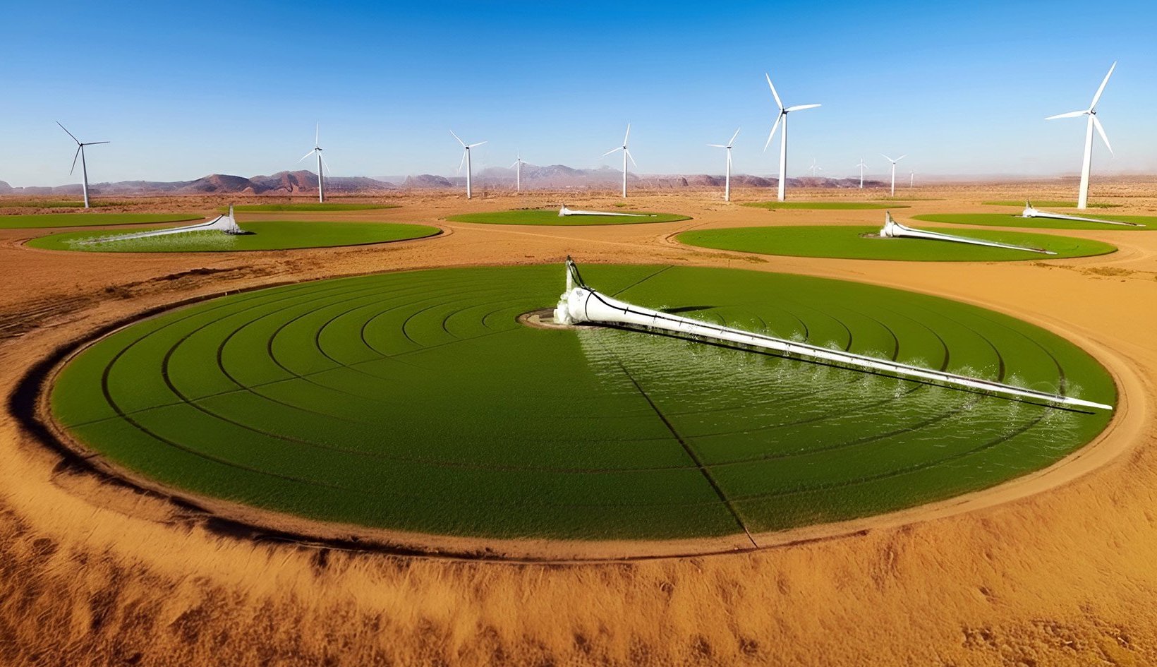 Irrigation system made from wind turbine blades. AI generated.