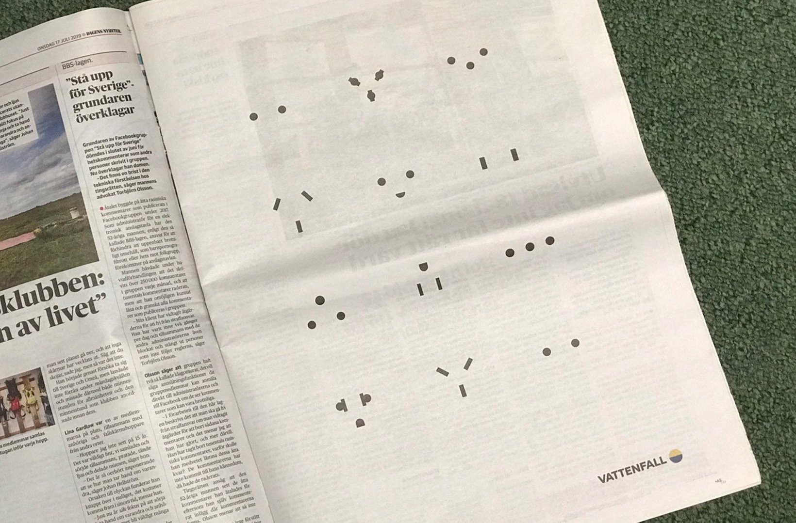 Hål i väggen, helsidesannons publicerad i DN i juli 