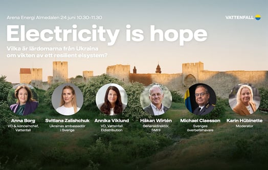 Sex talare på affisch för Vattenfalls seminarium i Almedalen 24 juni kl. 10.30–11.30 om lärdomar från Ukraina kring ett resilient elsystem, med Visbys ringmur i bakgrunden. Sex talare på affisch för Vattenfalls seminarium i Almedalen 24 juni kl. 10.30–11.30 om lärdomar från Ukraina kring ett resilient elsystem, med Visbys ringmur i bakgrunden.