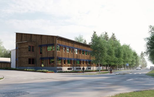 Illustration av det nya kontoret i Jokkmokk – en modern kontorsbyggnad i trä vid en gata, omgiven av träd. Illustration av det nya kontoret i Jokkmokk – en modern kontorsbyggnad i trä vid en gata, omgiven av träd.