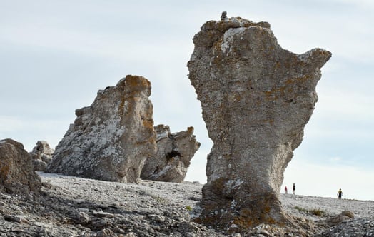 Raukar i kalkstenslandskap, med tre människor synliga i bakgrunden.