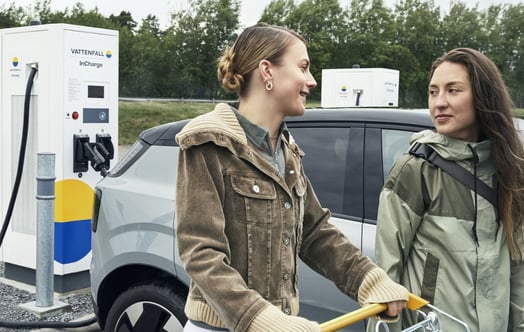 Två unga kvinnor bredvid en bil vid en Vattenfall InCharge‑laddstation för elfordon.