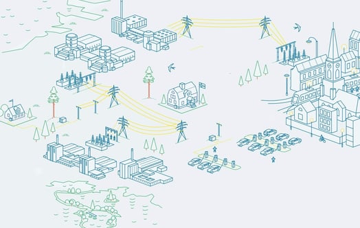 illustration: landskap med kärnkraftverk, byggnader, fordon