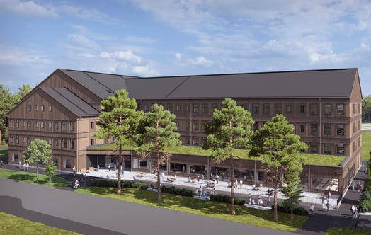 Illustration av en modern kontorsbyggnad i trä med flera våningar, omgiven av träd och gångvägar. Illustration av en modern kontorsbyggnad i trä med flera våningar, omgiven av träd och gångvägar.