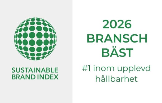 Logotyp för Sustainable Brand Index bredvid texten "2026 branschbäst, #1 inom upplevd hållbarhet".