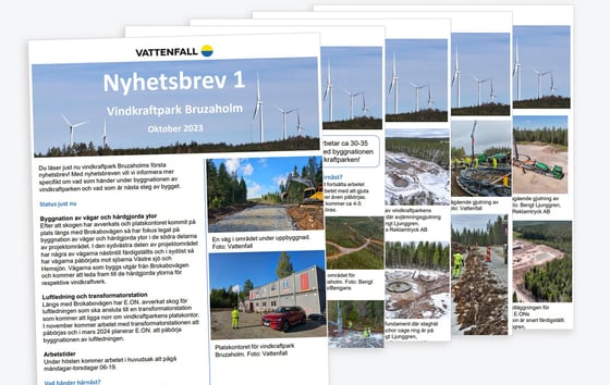 Framsidorna på några av nyhetsbreven om vindprojektet Bruzaholm