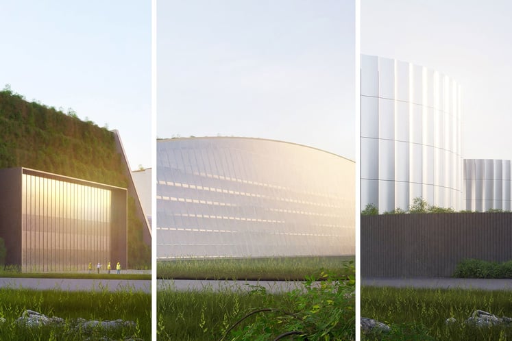 Tre visualiseringar av små modulära reaktorer gjorda av Gottlieb Paludan Architects som förslag till design av SMR:er inom ramen för förstudien för Nucelerate West
