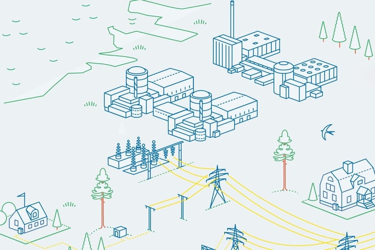 illustration  -kärnkraftverk, kraftledningar och hus