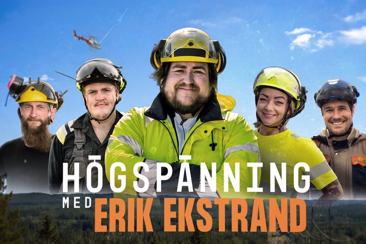Fem personer i skyddskläder och texten ”Högspänning med Erik Ekstrand".
