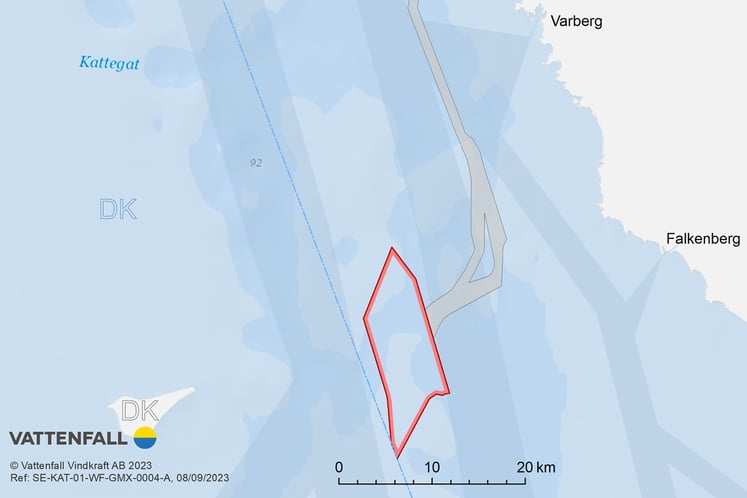Del av karta över området för vindkraftsparken Kattegatt Syd