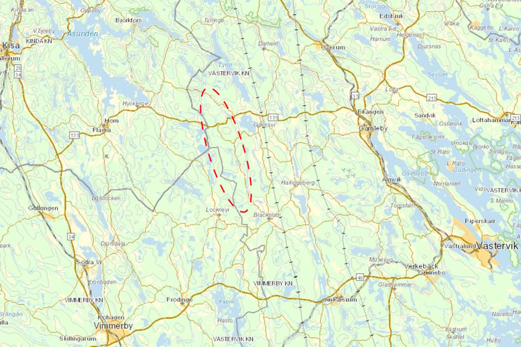 Karta som visar utredningsområdet för vindprojektet