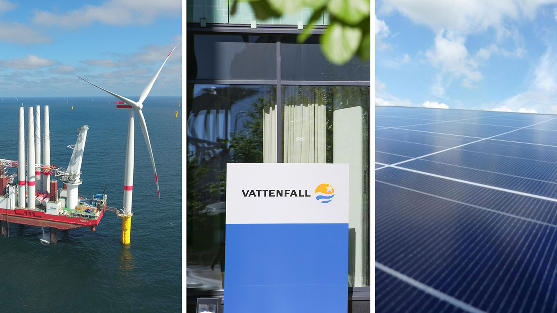 Kollage med tre bilder: en havsbaserad vindkraftpark, Vattenfalls logotyp och solpaneler