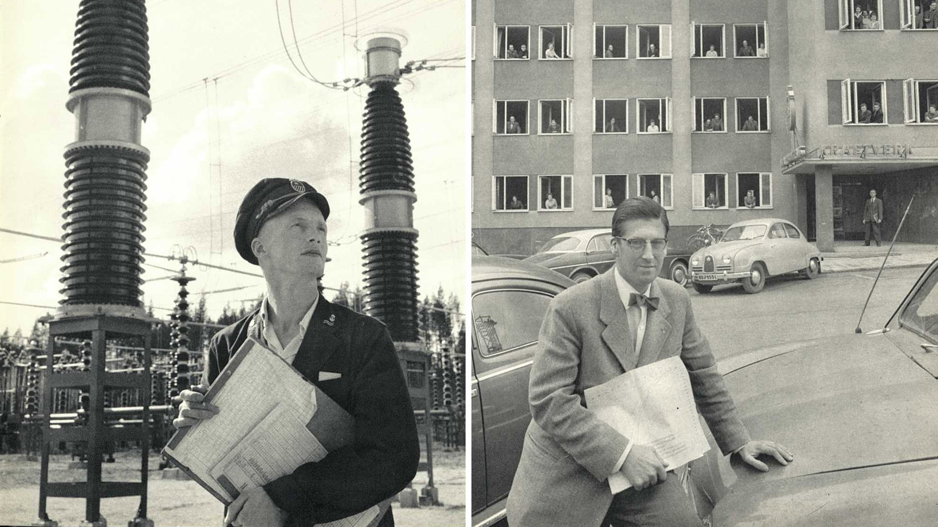 Kollage med två svartvita foton, till vänster en man vid elledningar och till höger en man intill en bil. Foto: Lennart Nilsson