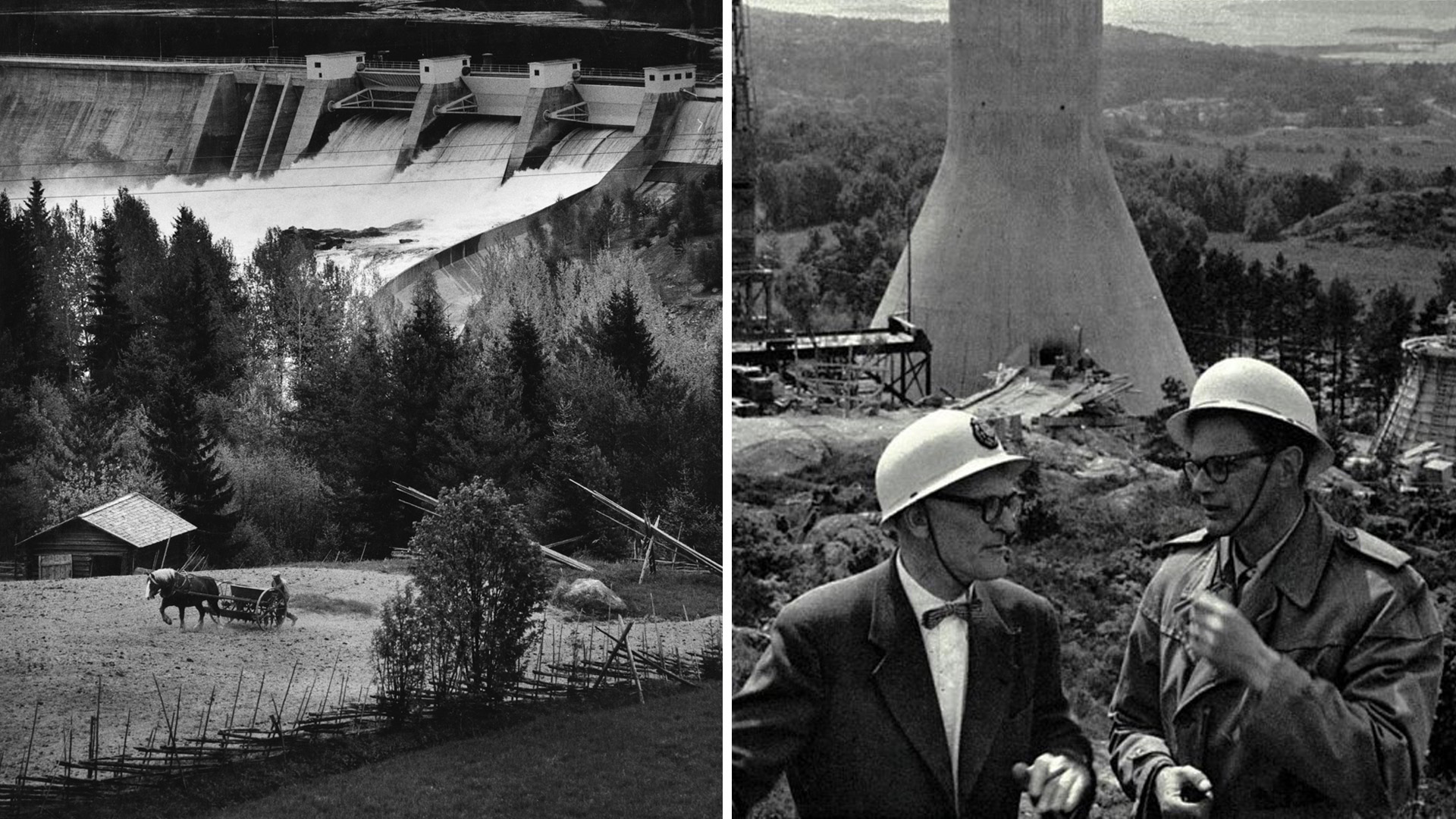 Black and white photos - a man and a horse at the Stadsforsens hydro power plant, and two men smoking at Stenungsundsverket. Photo: Lennart Nilsson