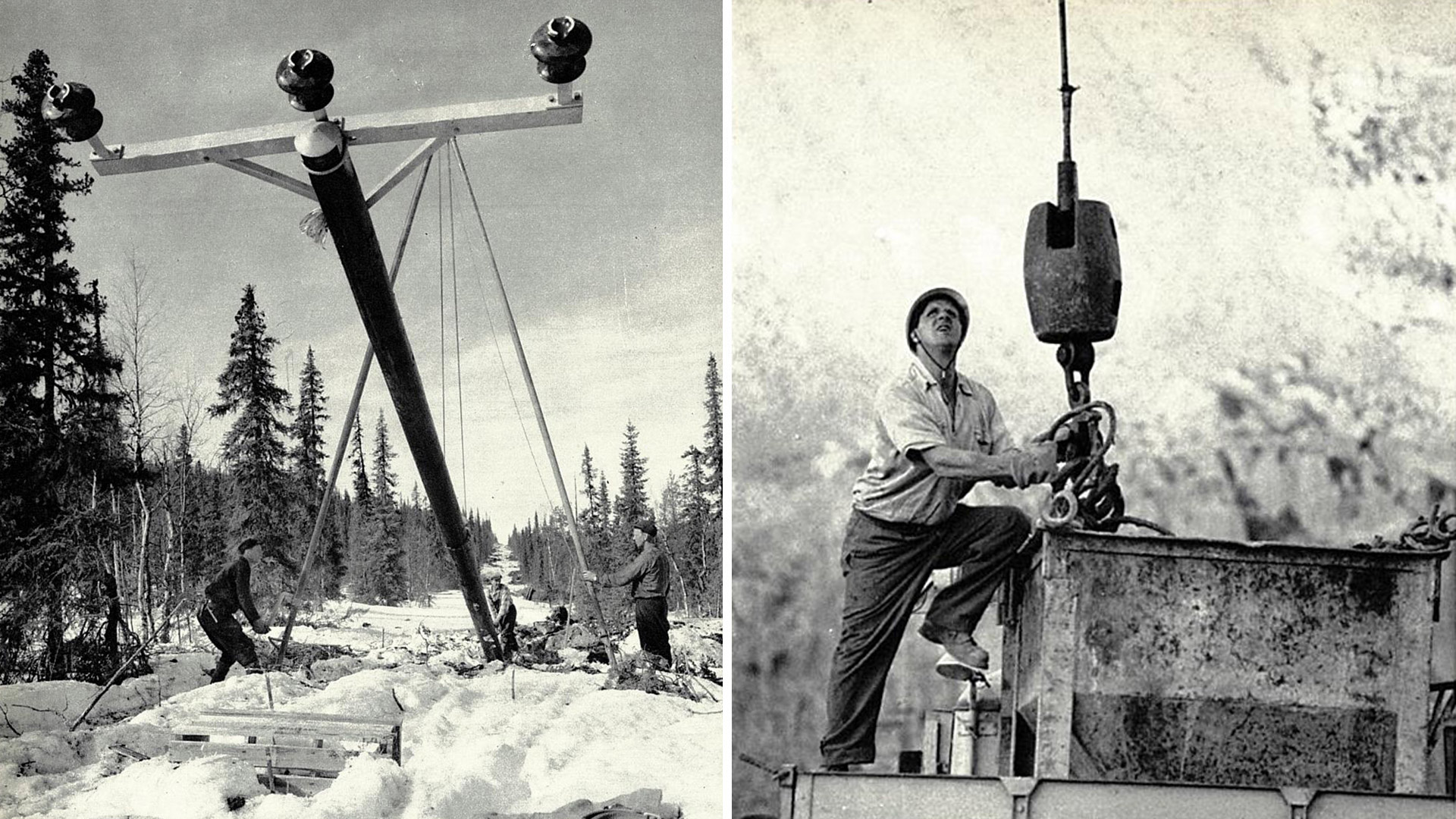Kollage med två svartvita foton på män som arbetar med att resa elstolpar och en man som jobbar på ett bygge. Foto: Lennart Nilsson